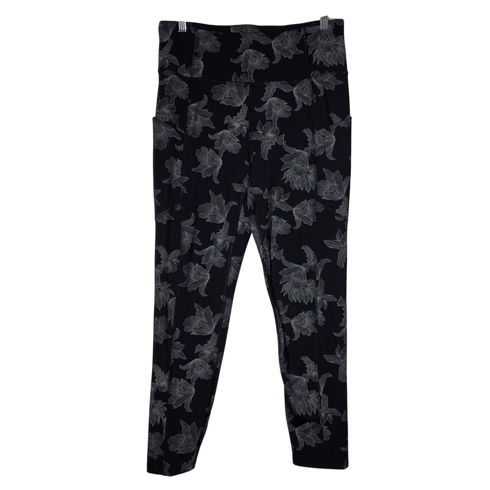 Apana Floral High Rise Leggings Black Grey Lily Print Pockets Size L Activewear